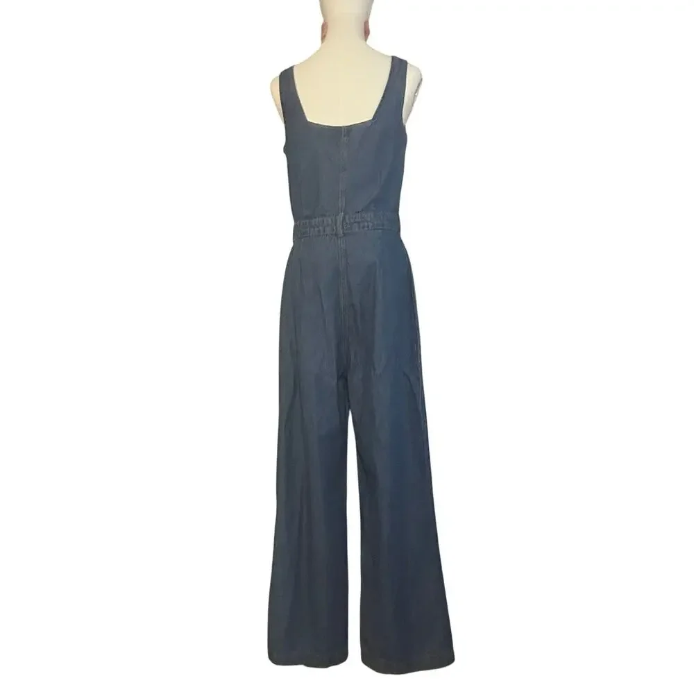 Sincerely Jules Denim Jumpsuit Blue L Wide Leg Button Front Y2K - Picture 2 of 16
